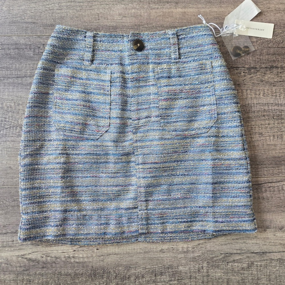 Maeve Anthropologie Blue Green Metallic Tweed Mini Skirt XXS New With Tags